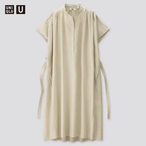 Uniqlo U Parachute Short Sleeve Shirt Dress in cream / tan / light green